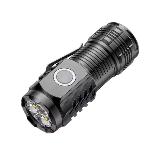 A black mini LED flashlight with a textured grip, side clip, and clear lens front, shown on a white background with the text 'A Mini Led Flashlight' and a large letter 'A' in the corner.