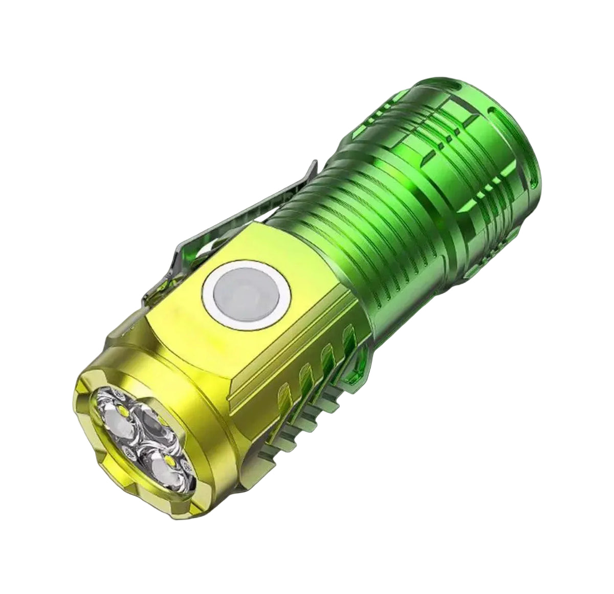 A mini LED flashlight with a metallic green and yellow body, featuring a side clip, a circular button, and three LED lenses at the front, shown on a white background with the text 'B Mini Led Flashlight' and a letter 'B' in the corner.