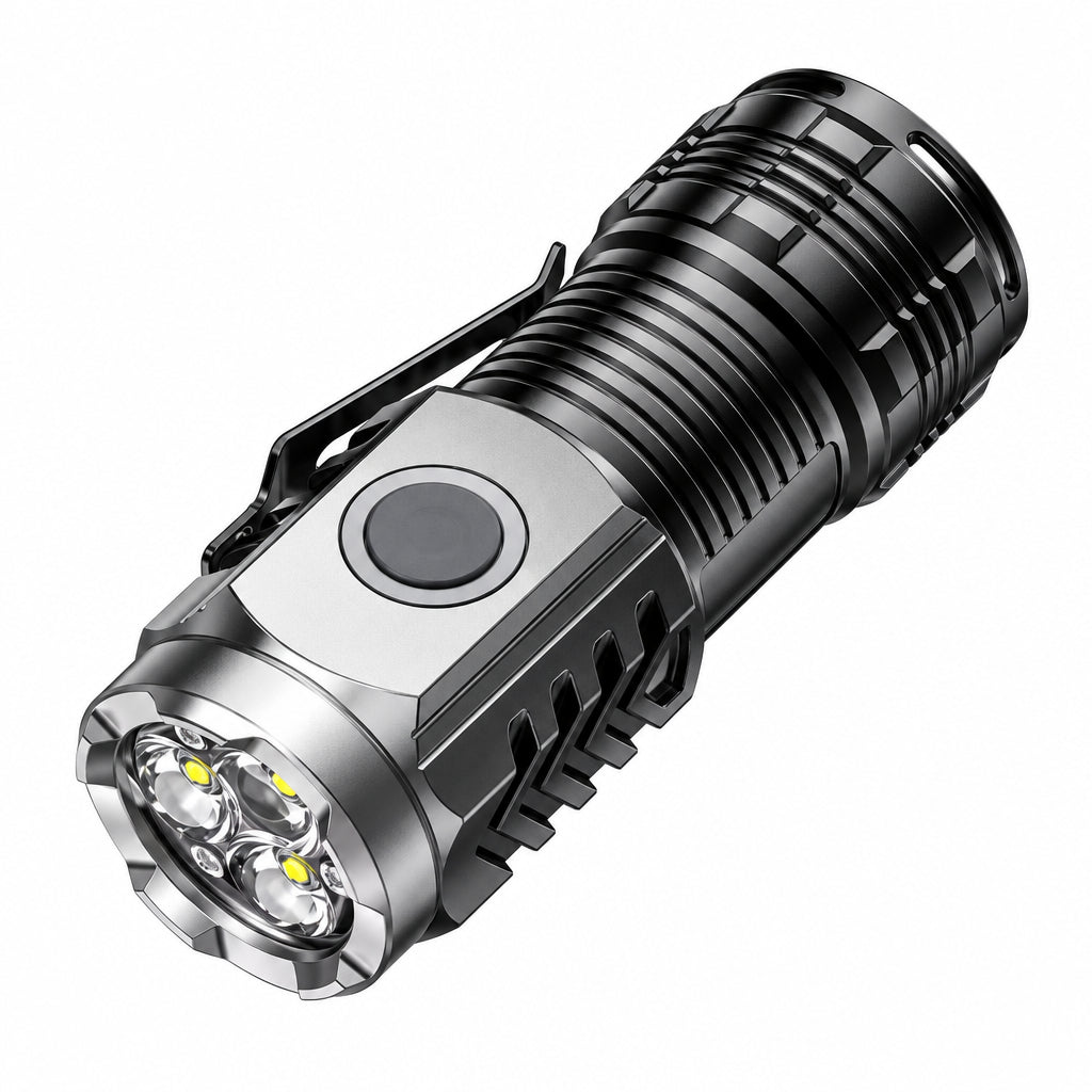 A mini LED flashlight with a silver aluminum body and a black ribbed grip section, shown at an angle on a white background with the text 'C Mini Led Flashlight' below it.